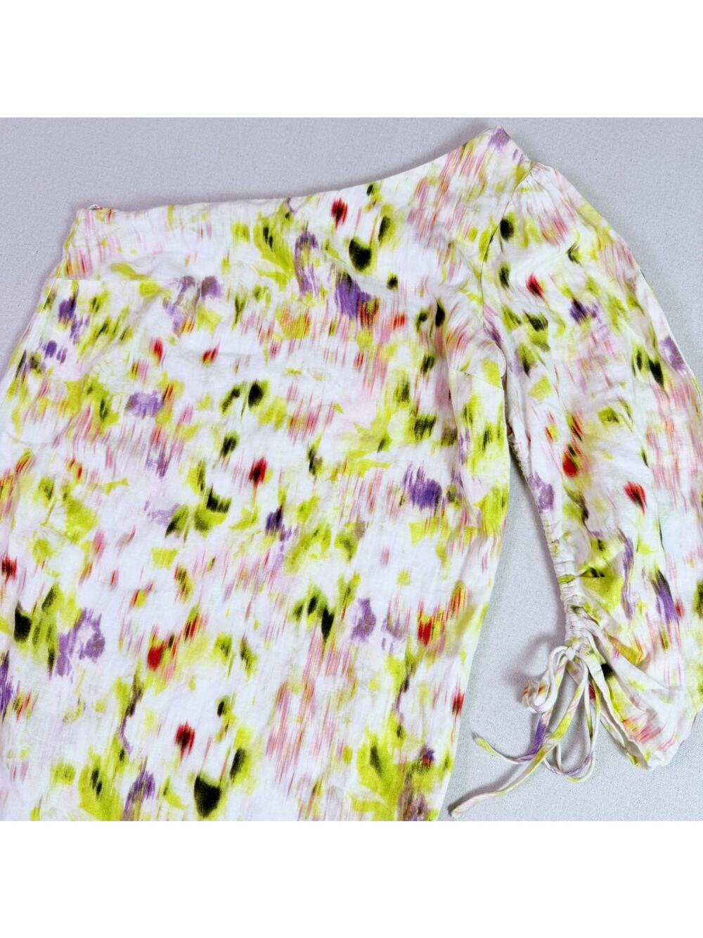 One Shoulder Floral Abstract Midi Dress Linen Blend Women's S Ruched Puff Sleeve
